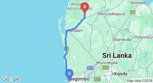 Driving route map: Colombo Airport (CMB) to Park View Bungalow, Wilpattu (157 km, approx 3 h 35 min private transfer)