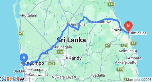 Driving route map: Colombo Airport (CMB) to Batticaloa (292 km, approx 6 h 3 min private transfer)