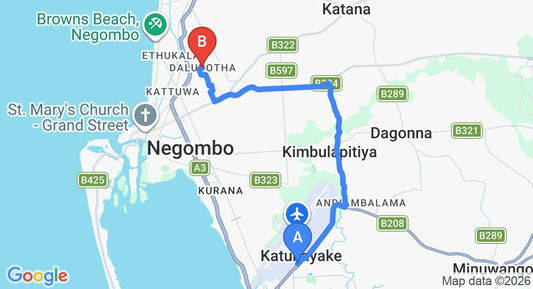 Driving route map: Colombo Airport (CMB) to Dalupotha (13 km, approx 29 min private transfer)