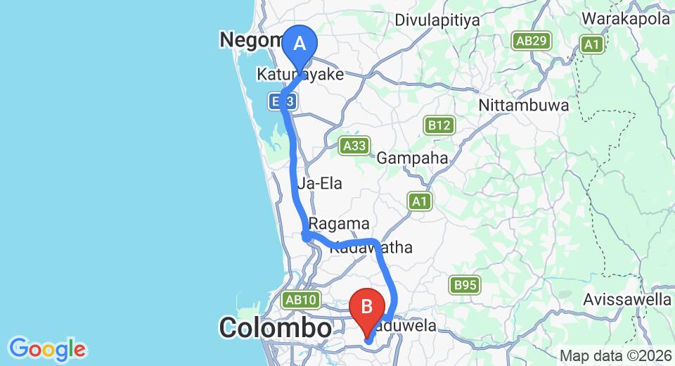 Driving route map: Colombo Airport (CMB) to Paradise Halbarawa, Colombo (43 km, approx 51 min private transfer)