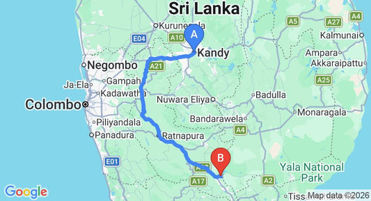 Driving route map: Kandy to Udawalawe (190 km, approx 5 h 17 min private transfer)