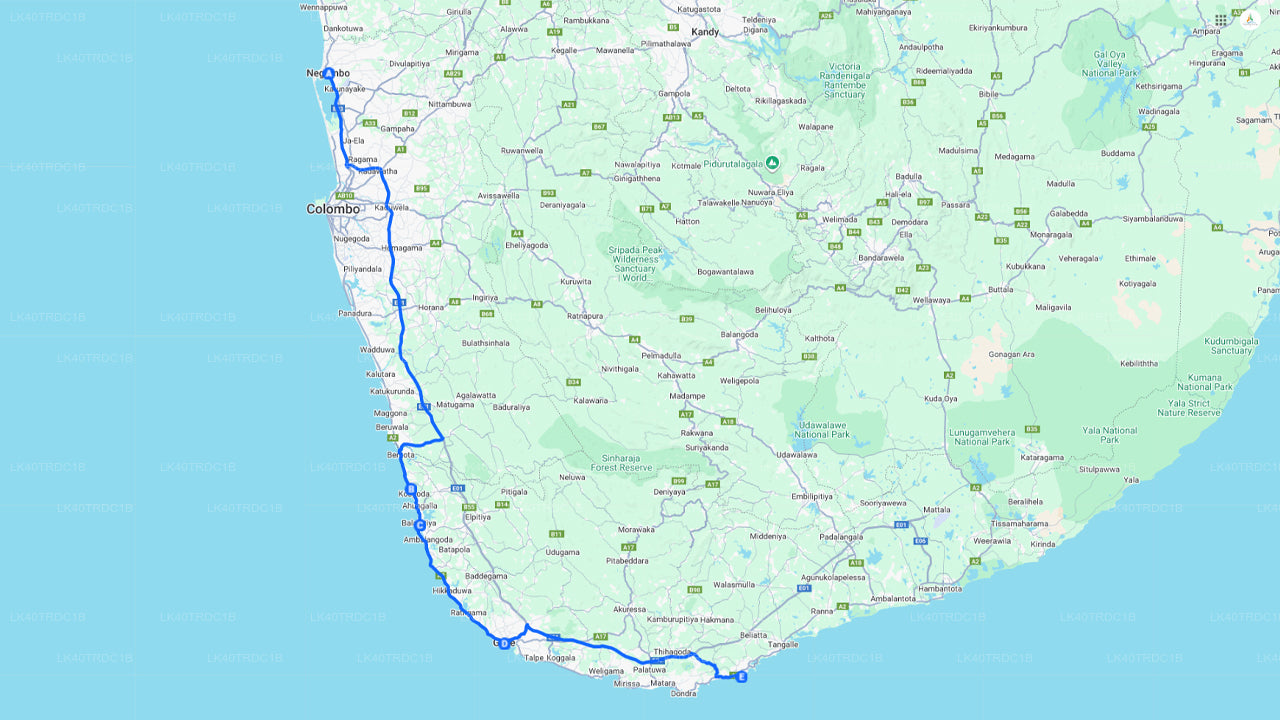 Privétransfer van Negombo naar Hiriketiya met tussenstops voor bezienswaardigheden.
