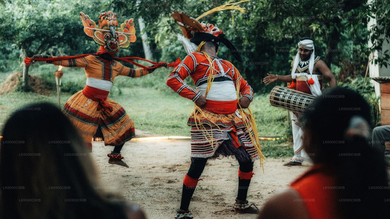 Traditional dancers in colorful costumes performing a dance with a drummer in the background.