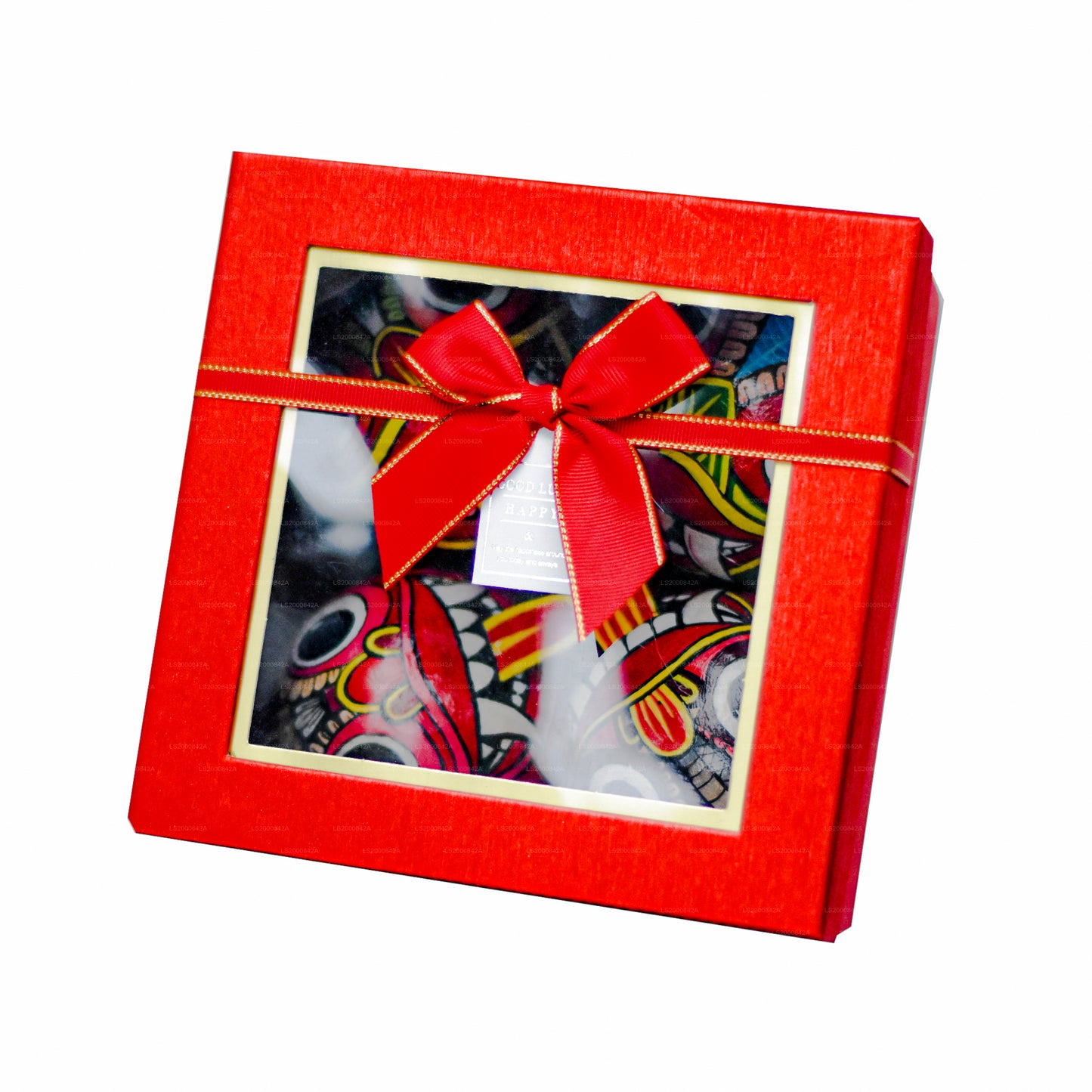 Traditionele Raksha-maskers uit Sri Lanka (Mayura, Maru, Agni, Naga) beschilderd op kokosnootschalen (verpakking van 4 stuks)