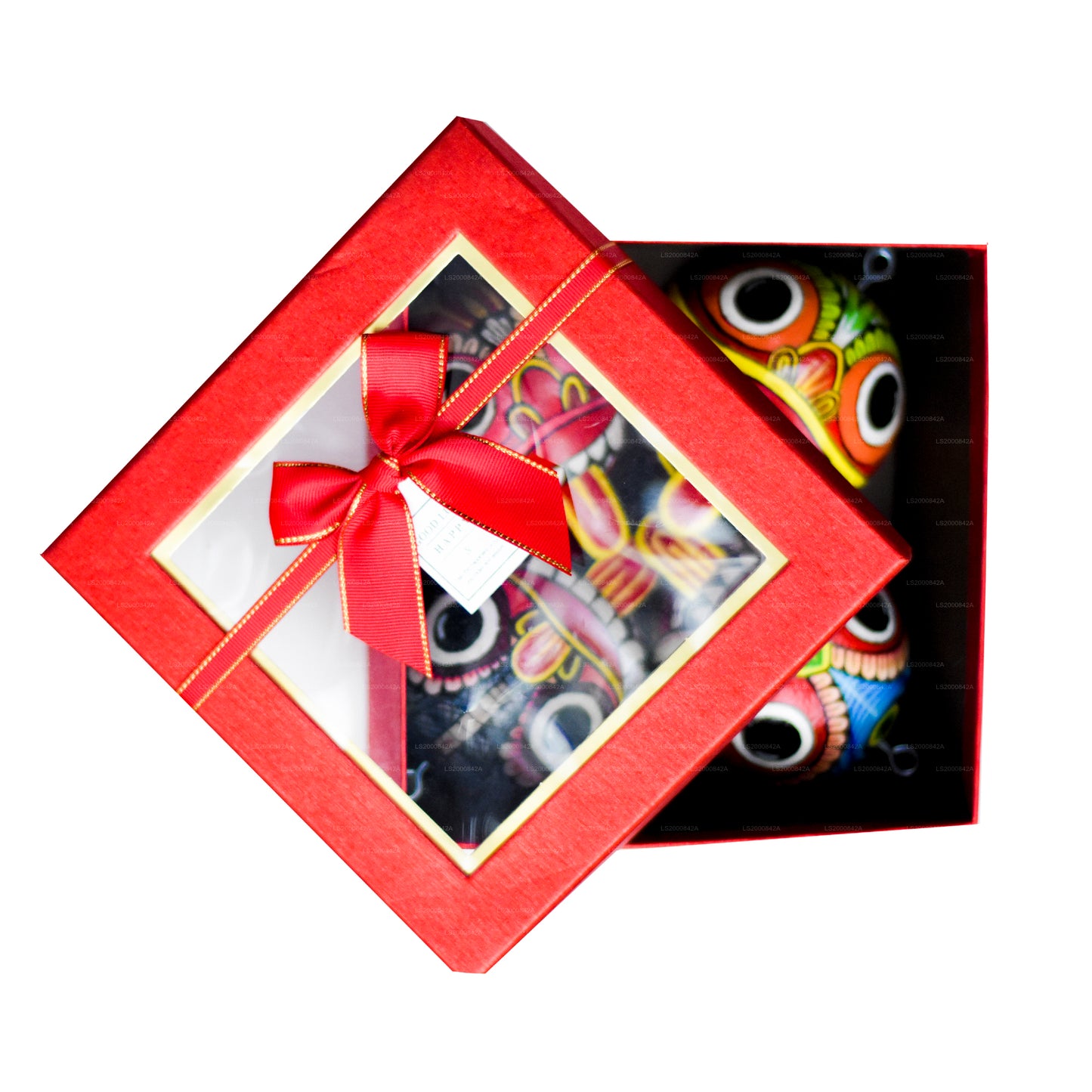 Traditionele Raksha-maskers uit Sri Lanka (Mayura, Maru, Agni, Naga) beschilderd op kokosnootschalen (verpakking van 4 stuks)