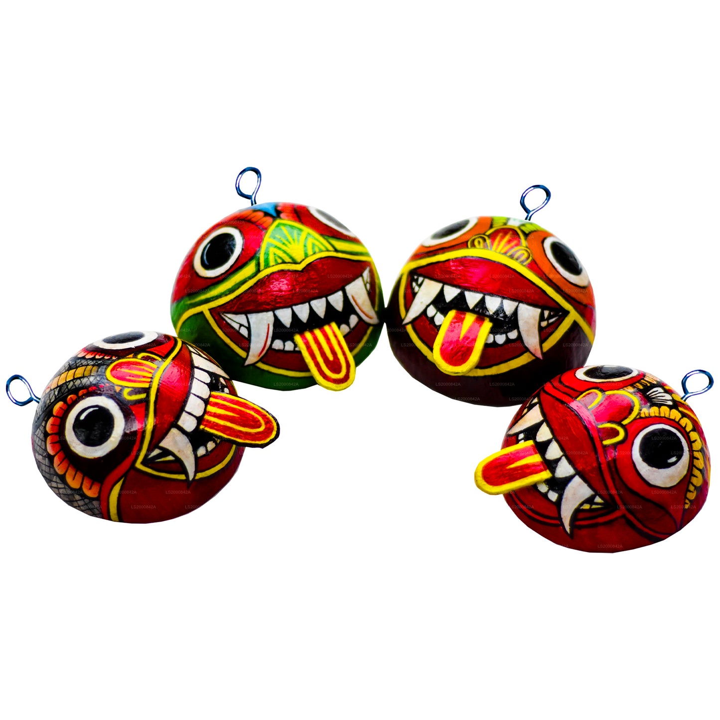 Traditionele Raksha-maskers uit Sri Lanka (Mayura, Maru, Agni, Naga) beschilderd op kokosnootschalen (verpakking van 4 stuks)