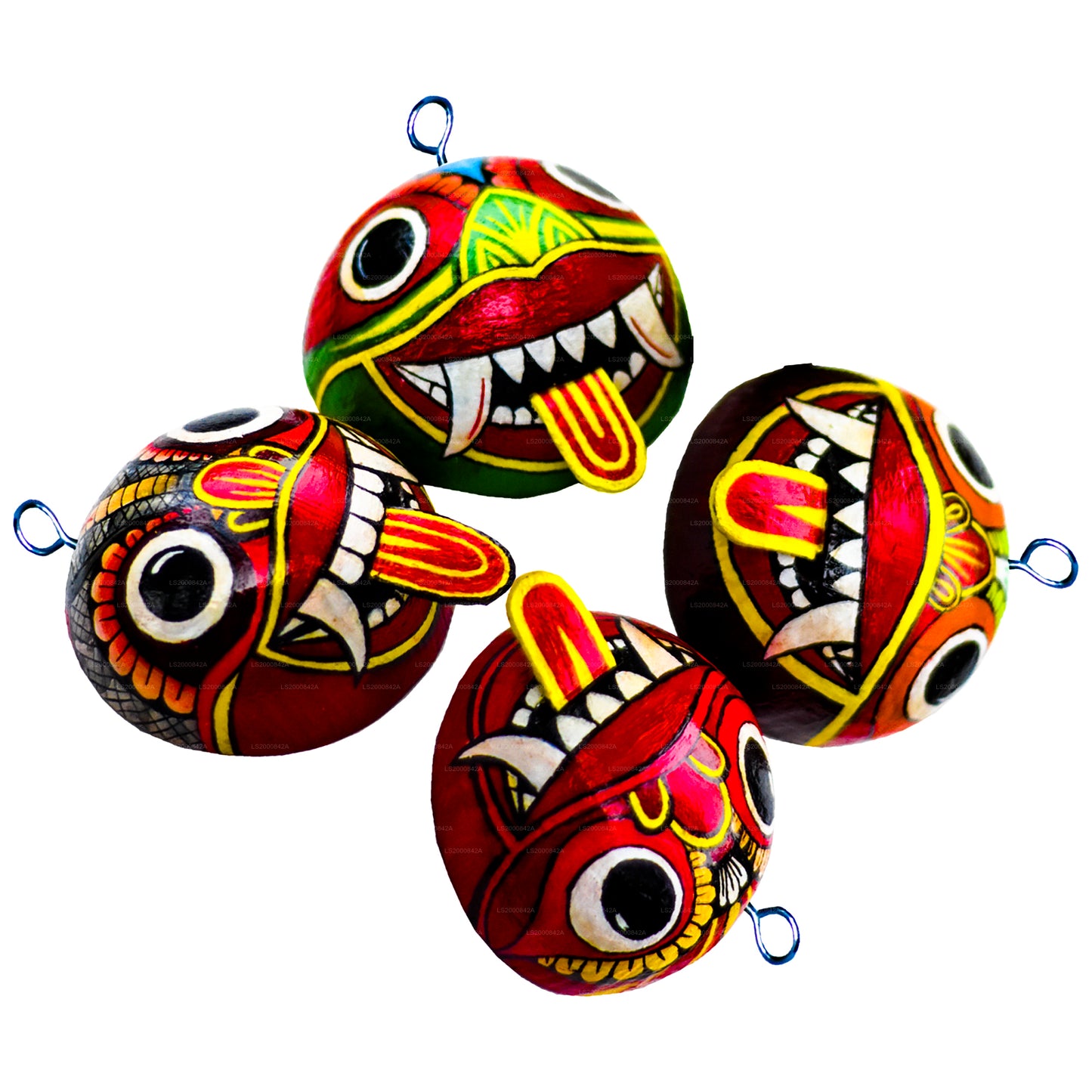 Traditionele Raksha-maskers uit Sri Lanka (Mayura, Maru, Agni, Naga) beschilderd op kokosnootschalen (verpakking van 4 stuks)