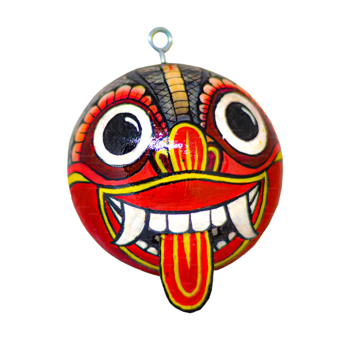 Traditionele Raksha-maskers uit Sri Lanka (Mayura, Maru, Agni, Naga) beschilderd op kokosnootschalen (verpakking van 4 stuks)