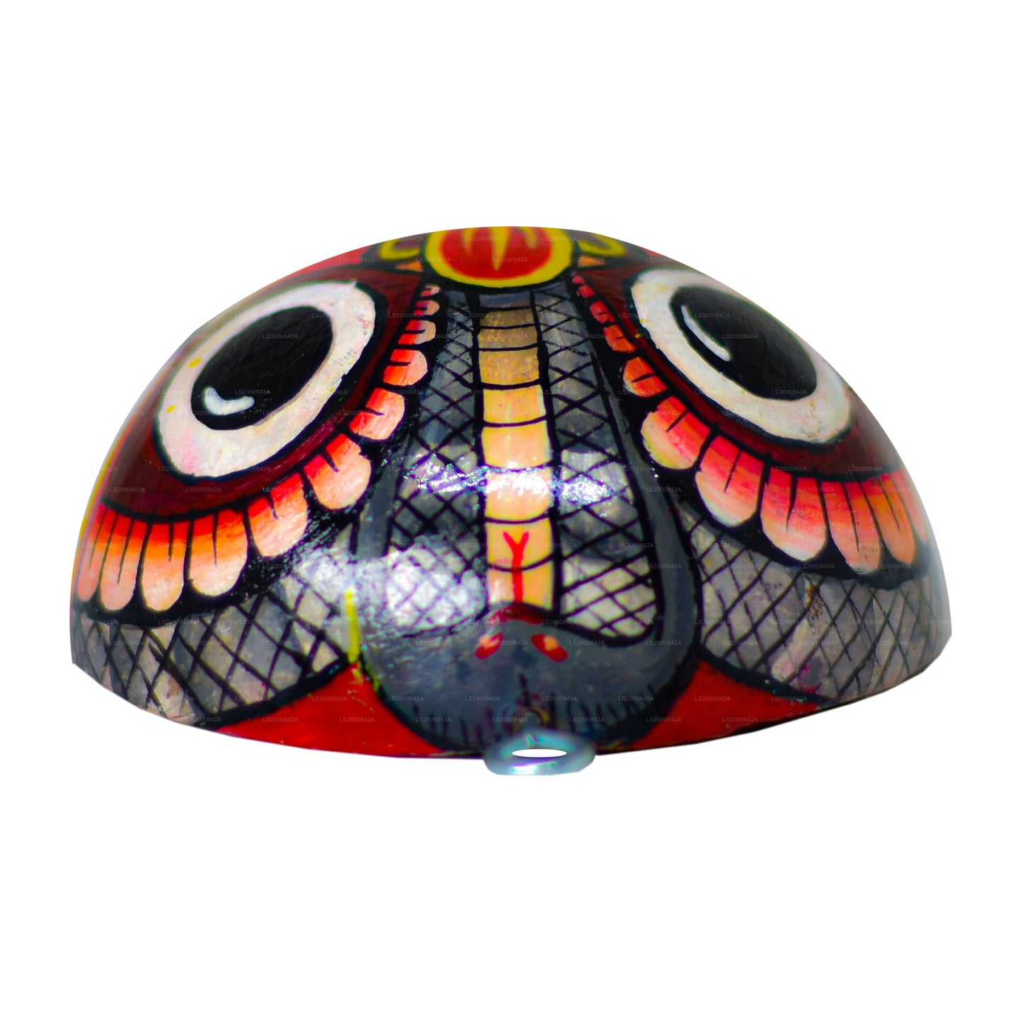 Traditionele Raksha-maskers uit Sri Lanka (Mayura, Maru, Agni, Naga) beschilderd op kokosnootschalen (verpakking van 4 stuks)