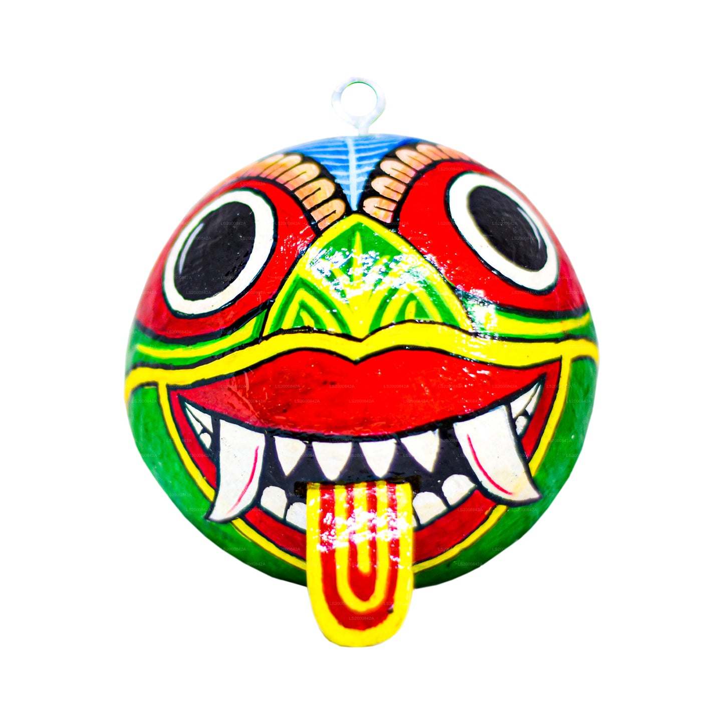 Traditionele Raksha-maskers uit Sri Lanka (Mayura, Maru, Agni, Naga) beschilderd op kokosnootschalen (verpakking van 4 stuks)