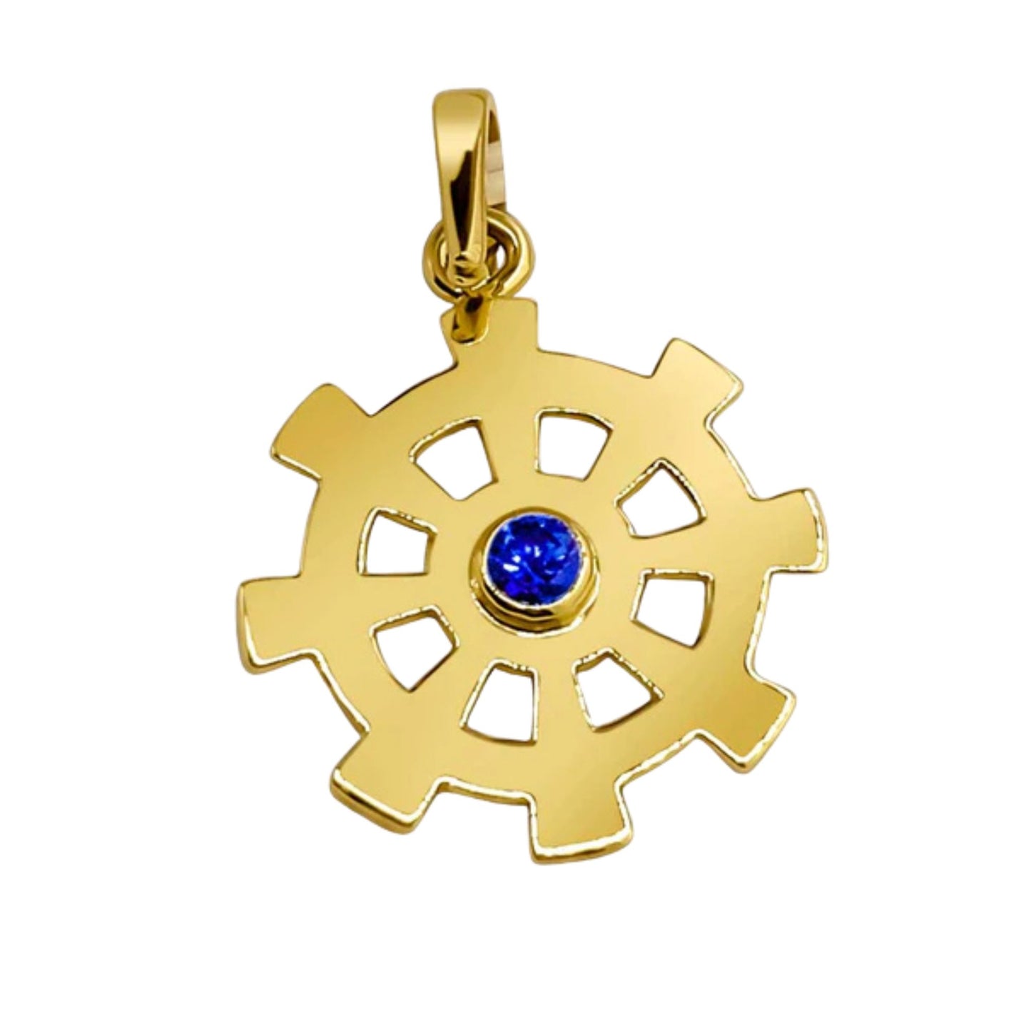 Lakpura® Gold Dharmachakra Pendant with Blue Sapphire Stone