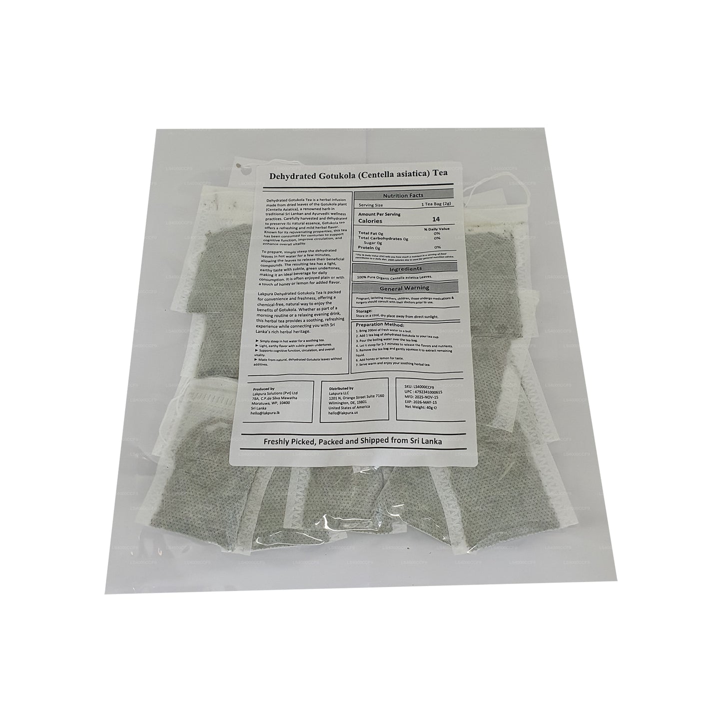 Lakpura gedehydrateerde Gotukola-theezakjes (40 g) 20 theezakjes