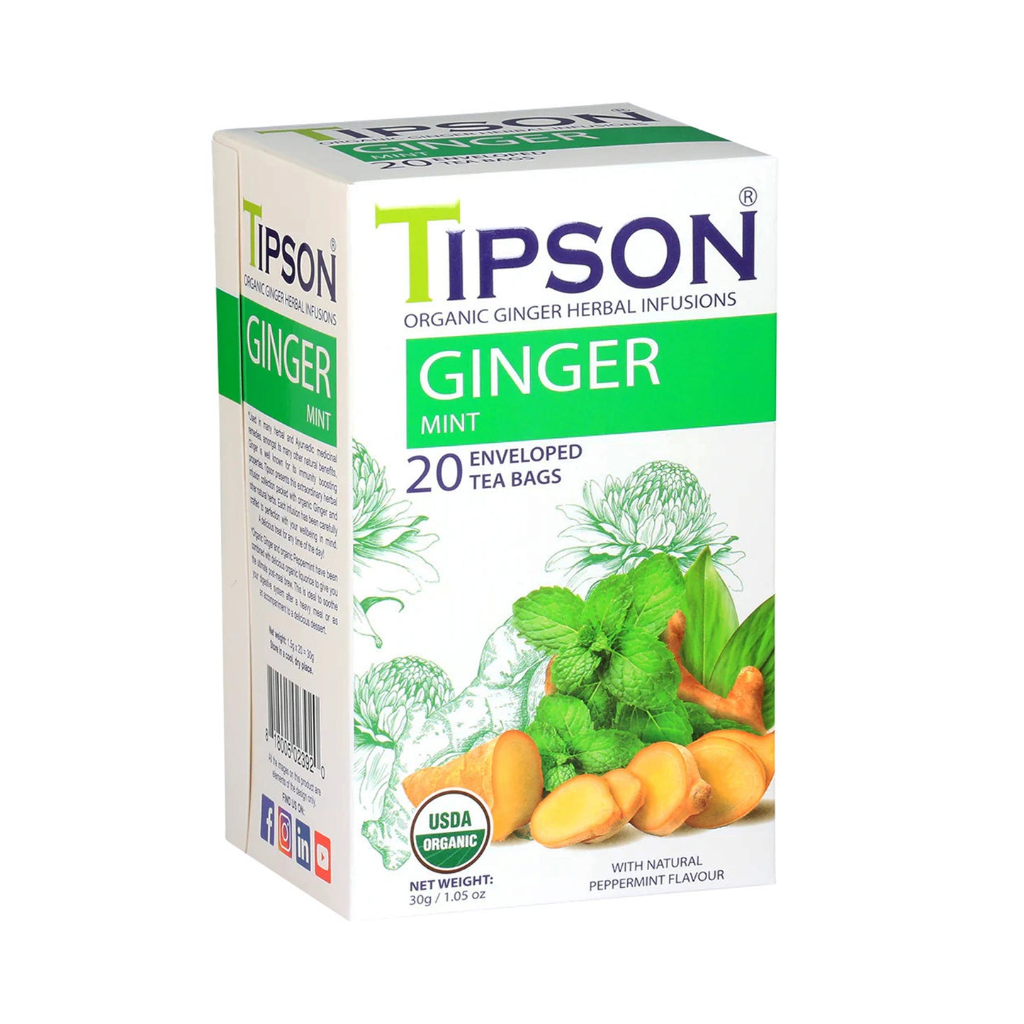 Tipson Organic Ginger Mint Tea (30g) 20 Enveloped Tea Bags