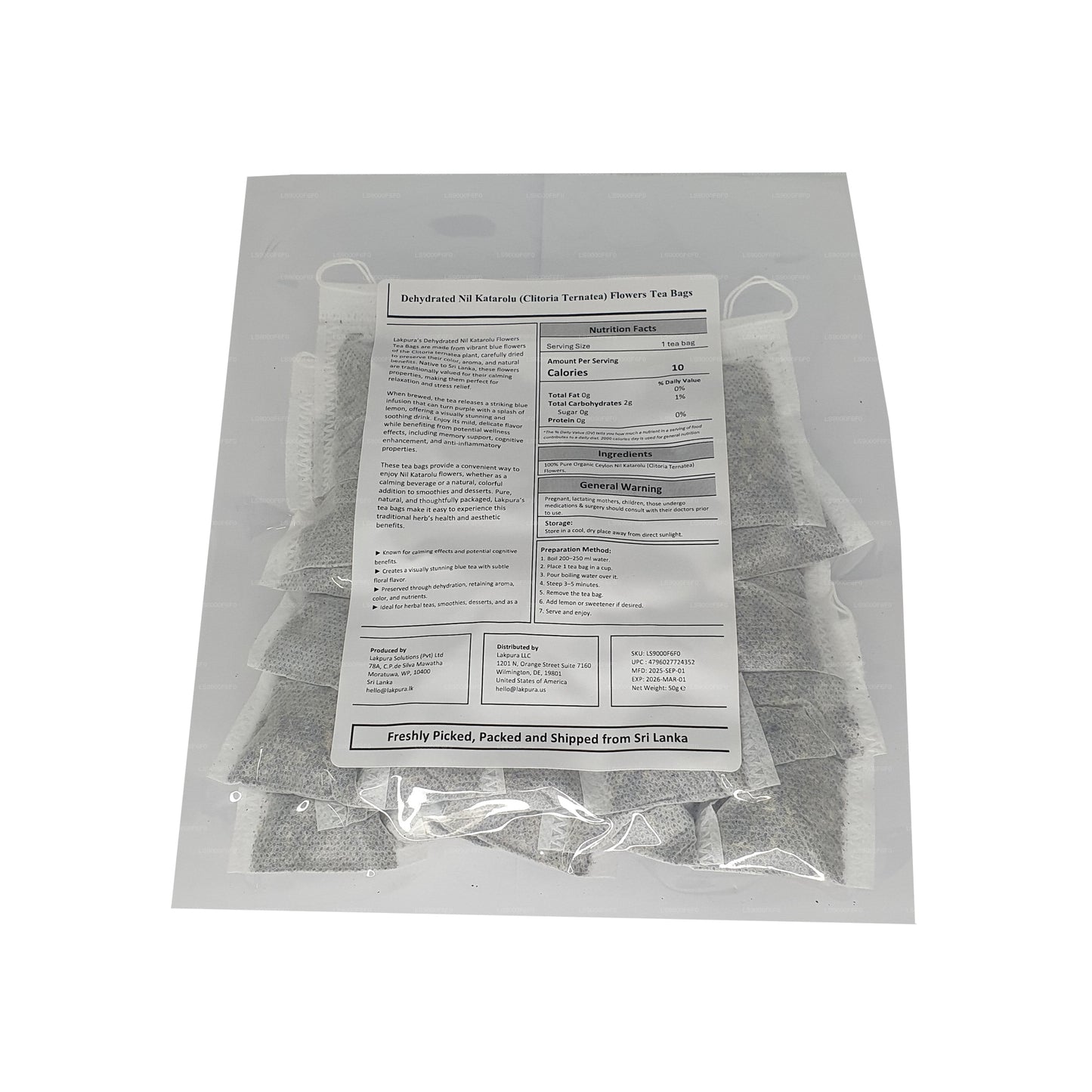 Lakpura® Gedroogde Vlindererwt (Nil Katarolu; Clitoria Ternatea) Bloemtheezakjes (25 theezakjes)
