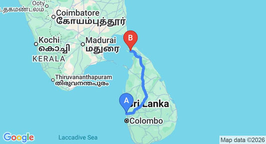 Driving route map: Negombo to Jaffna (375 km, approx 7 h 15 min private transfer)