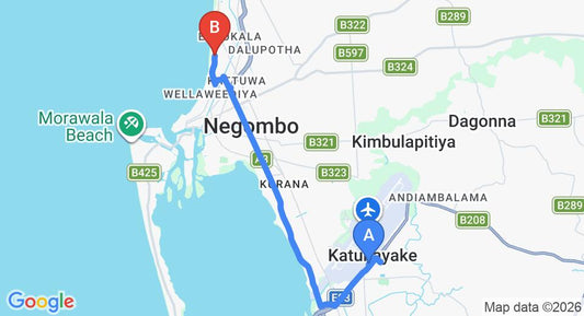 Driving route map: Colombo Airport (CMB) to Catamaran Beach Hotel, Negombo (12 km, approx 29 min private transfer)
