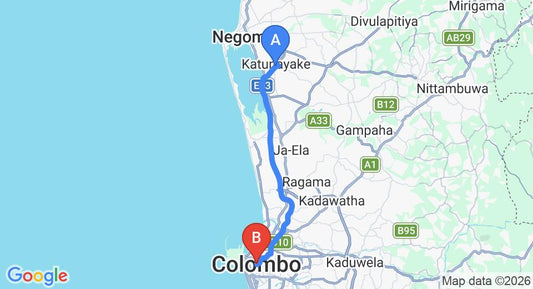Driving route map: Colombo Airport (CMB) to Mariya Theressa Lake Rest, Colombo (32 km, approx 39 min private transfer)