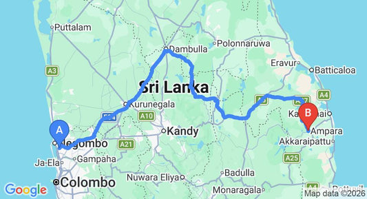 Driving route map: Colombo Airport (CMB) to Ampara (323 km, approx 6 h 26 min private transfer)