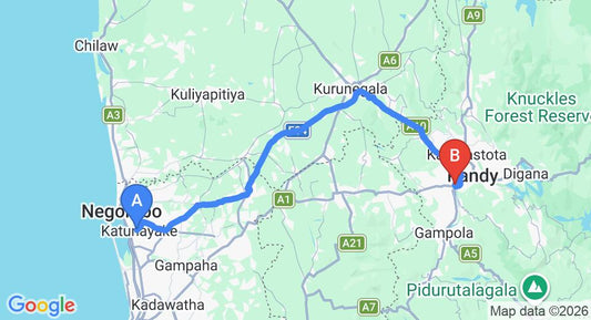 Driving route map: Colombo Airport (CMB) to Peradeniya (114 km, approx 2 h 51 min private transfer)