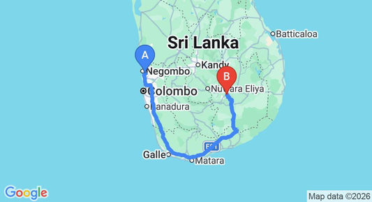 Driving route map: Colombo Airport (CMB) to Ambiente, Ella (337 km, approx 5 h 2 min private transfer)