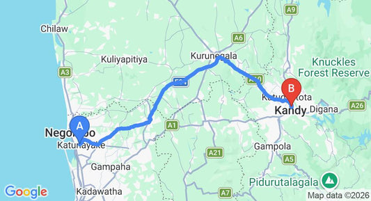 Driving route map: Colombo Airport (CMB) to The Grand Kandyan Hotel, Kandy (113 km, approx 2 h 46 min private transfer)