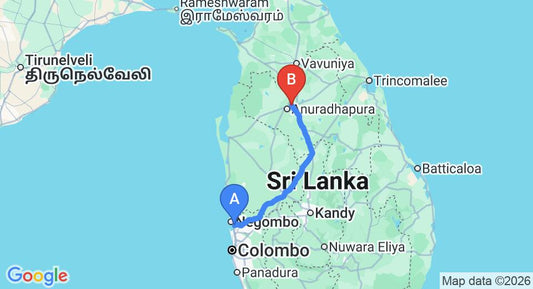 Driving route map: Colombo Airport (CMB) to Upul Residence, Anuradhapura (188 km, approx 3 h 52 min private transfer)