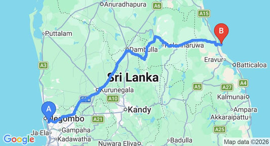 Driving route map: Colombo Airport (CMB) to Passi Villa, Pasikuda (267 km, approx 5 h 29 min private transfer)