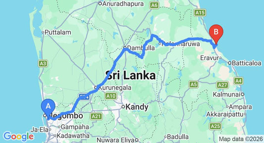Driving route map: Colombo Airport (CMB) to Nirmaa Shadow Inn, Pasikuda (270 km, approx 5 h 31 min private transfer)