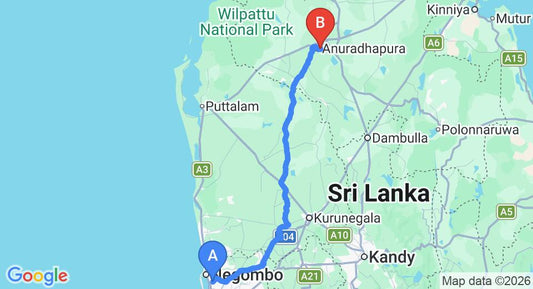 Driving route map: Colombo Airport (CMB) to Hotel Alakamanda, Anuradhapura (176 km, approx 3 h 50 min private transfer)