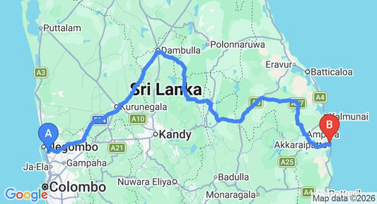 Driving route map: Colombo Airport (CMB) to Akkaraipattu Guest House, Batticaloa (351 km, approx 7 h 5 min private transfer)