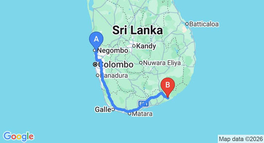 Driving route map: Colombo Airport (CMB) to Diya Dahara Resort, Tissamaharama (283 km, approx 3 h 50 min private transfer)