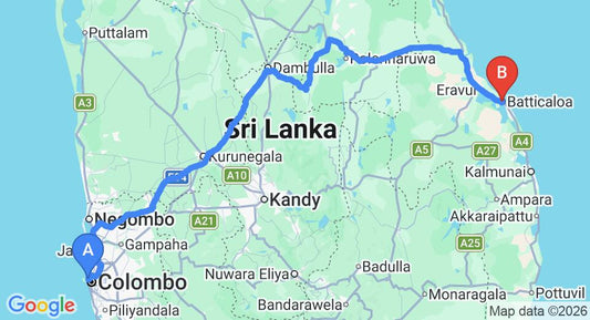 Driving route map: Colombo Seaport to Batticaloa (325 km, approx 6 h 36 min private transfer)