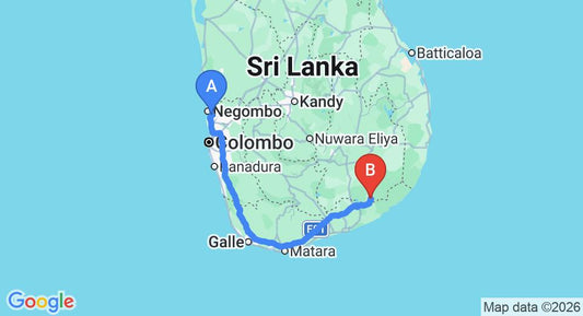 Driving route map: Colombo Airport (CMB) to Visaka Hotel, Kataragama (284 km, approx 3 h 43 min private transfer)