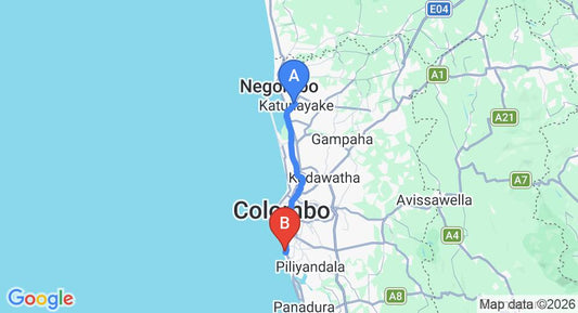 Driving route map: Colombo Airport (CMB) to Rivi Ras Hotel, Mount Lavinia (43 km, approx 1 h 10 min private transfer)