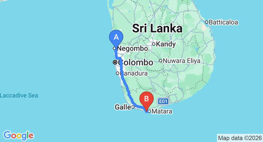 Driving route map: Colombo Airport (CMB) to Ubuntu Beach Boutique by Lantern, Mirissa (180 km, approx 2 h 36 min private transfer)