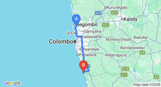 Driving route map: Colombo Airport (CMB) to Chandra Villa, Bentota (109 km, approx 1 h 42 min private transfer)