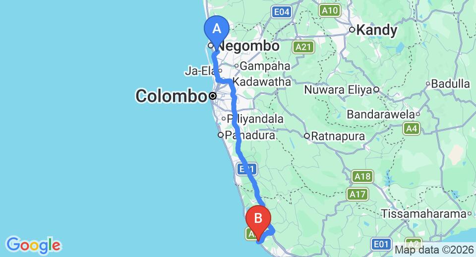 Driving route map: Colombo Airport (CMB) to Ocean Vew Cottage, Hikkaduwa (143 km, approx 2 h 7 min private transfer)