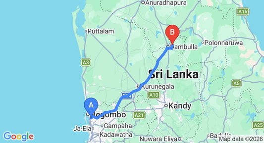 Driving route map: Colombo Airport (CMB) to Amaya Signature Kandalama, Dambulla (138 km, approx 3 h 1 min private transfer)