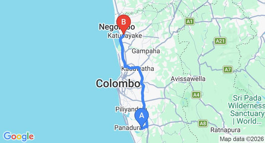 Driving route map: Bolgoda to Colombo Airport (CMB) (65 km, approx 59 min private transfer)