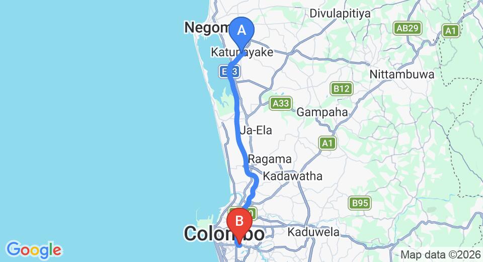 Driving route map: Colombo Airport (CMB) to Ellen's Place, Colombo (33 km, approx 42 min private transfer)