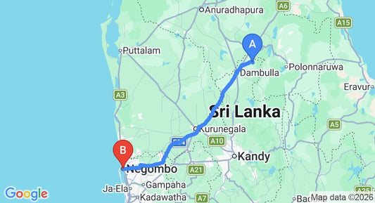 Driving route map: Sigiriya to Negombo (148 km, approx 3 h 12 min private transfer)