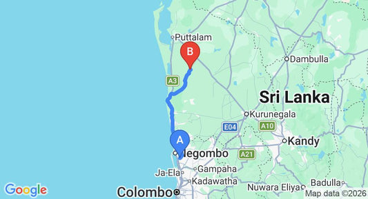 Driving route map: Colombo Airport (CMB) to Cadjan earth, Anamaduwa (88 km, approx 2 h 15 min private transfer)