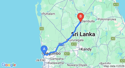 Driving route map: Colombo Airport (CMB) to Chamara Guest House, Dambulla (130 km, approx 2 h 49 min private transfer)
