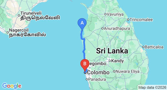 Driving route map: Kalpitiya to Colombo Seaport (168 km, approx 3 h 46 min private transfer)