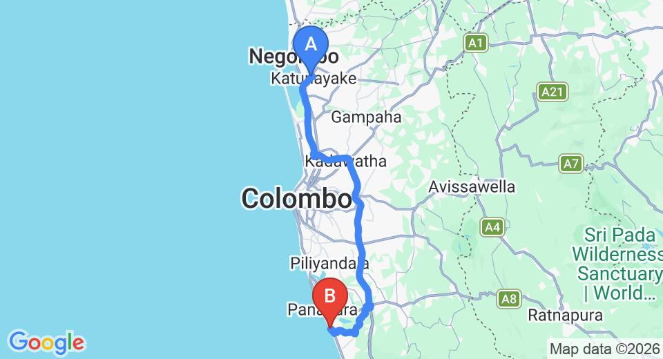 Driving route map: Colombo Airport (CMB) to Serene Pavilions, Wadduwa (79 km, approx 1 h 25 min private transfer)