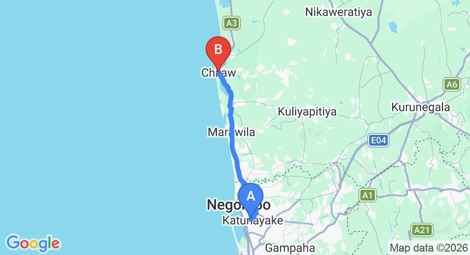 Driving route map: Colombo Airport (CMB) to Heaven Holiday Resort, Chilaw (53 km, approx 1 h 29 min private transfer)