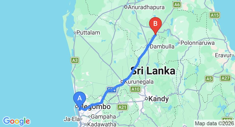 Driving route map: Colombo Airport (CMB) to Aliya Resort and Spa, Sigiriya (147 km, approx 3 h 9 min private transfer)