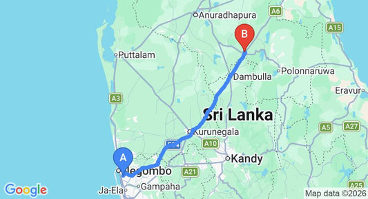 Driving route map: Colombo Airport (CMB) to Sevanagama Habarana, Habarana (153 km, approx 3 h 17 min private transfer)