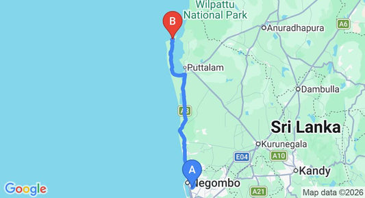 Driving route map: Colombo Airport (CMB) to De Silva Palm Resort, Kalpitiya (139 km, approx 3 h 15 min private transfer)