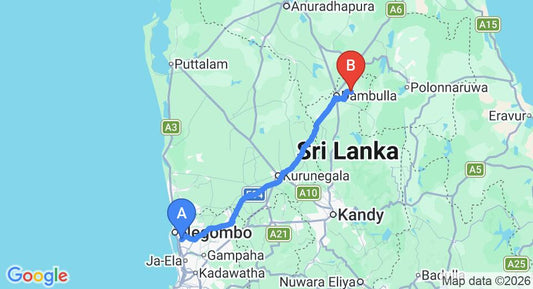 Driving route map: Colombo Airport (CMB) to Amuna Ayurveda Retreat , Sigiriya (141 km, approx 3 h 6 min private transfer)